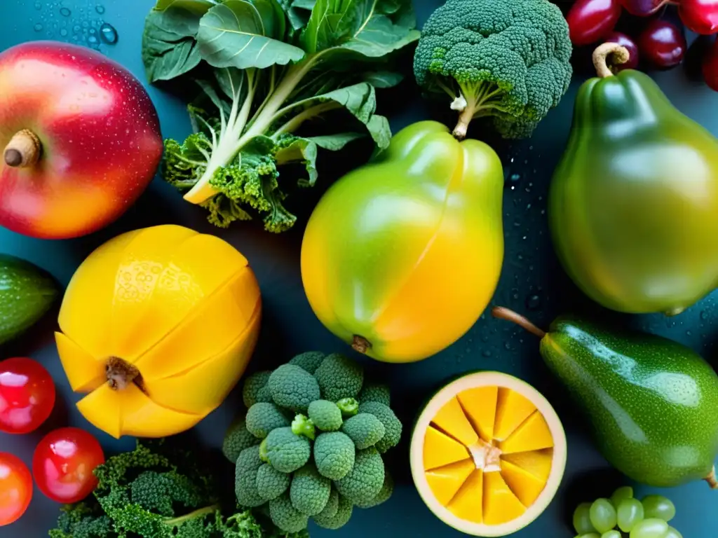 Frescura y color: Detalles vibrantes de frutas y verduras Una exuberante y fresca variedad de frutas y verduras con agua, irradiando vitalidad y salud para fortalecer el sistema inmunológico