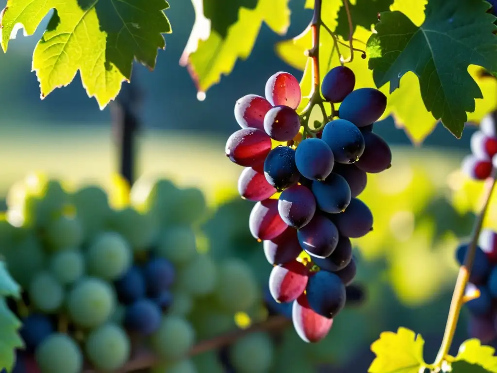 Viñedo exuberante: racimo de uvas moradas en 8k Una exuberante parra de uvas moradas maduras, brillantes con rocío bajo el cálido sol