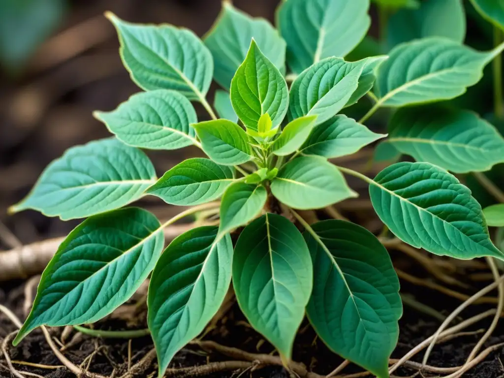 Una exuberante planta de ginseng verde con raíces intrincadas, resaltando su belleza natural y potenciales beneficios para la inmunidad