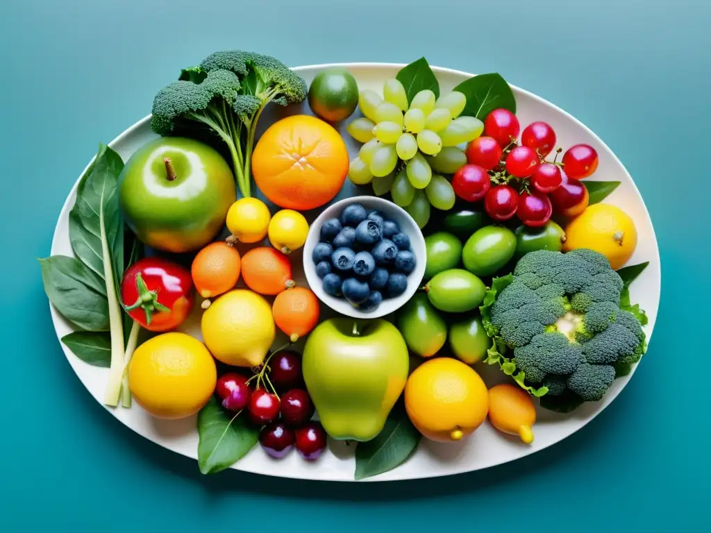 Exuberante variedad de frutas y verduras frescas Una exuberante presentación de frutas y verduras vibrantes, ideal para menús semanales para fortalecer la inmunidad