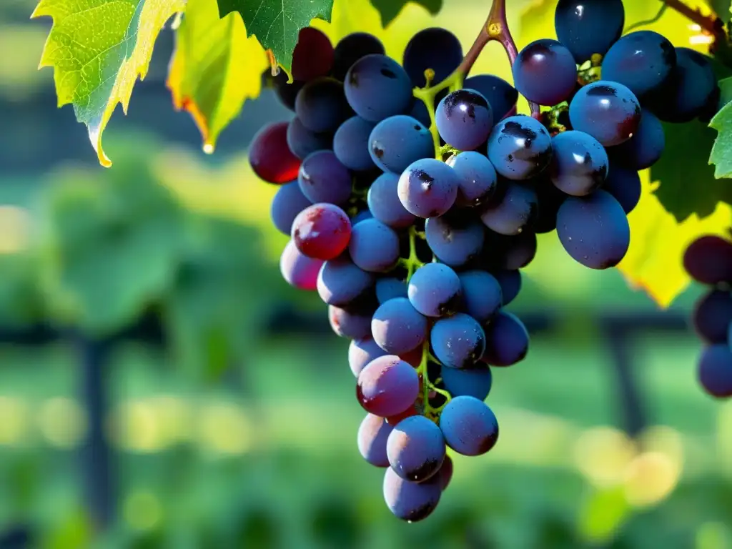 Uvas moradas brillantes con rocío en la vid Un exuberante racimo de uvas moradas con gotas de rocío brillantes, destacando los beneficios del resveratrol para el sistema inmune