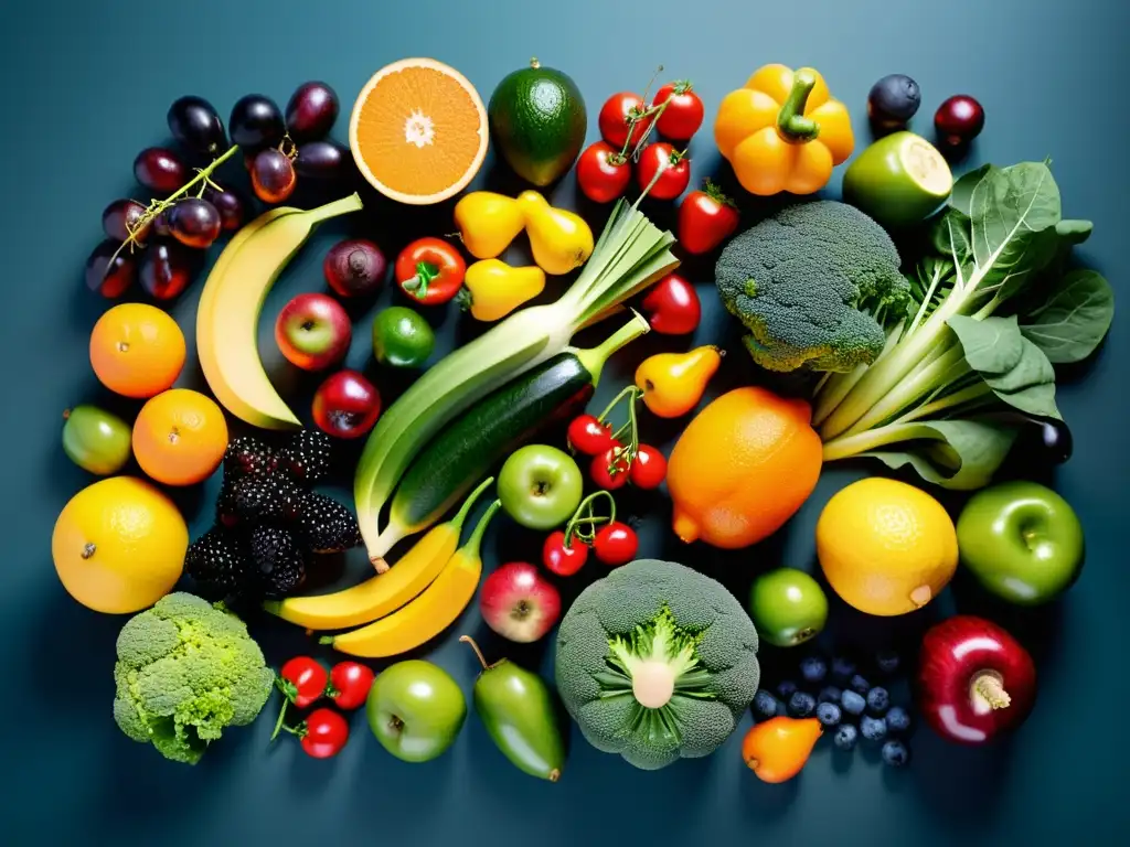 Exuberante exhibición de frutas y verduras: vitalidad y nutrición Una exuberante y variada exhibición de frutas y verduras, resalta la importancia de los suplementos multivitamínicos para el sistema inmunológico