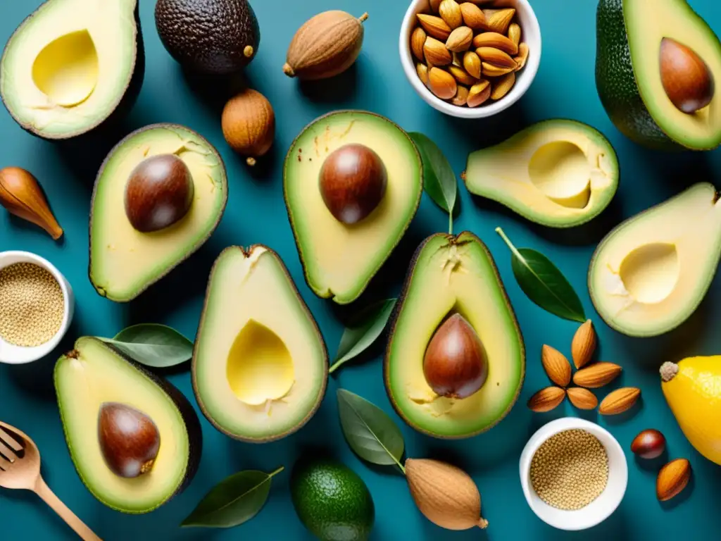 Alimentos saludables: una explosión de colores y nutrientes Una exuberante variedad de alimentos coloridos y saludables, como aguacates, nueces, semillas y pescado, dispuestos de forma moderna y atractiva