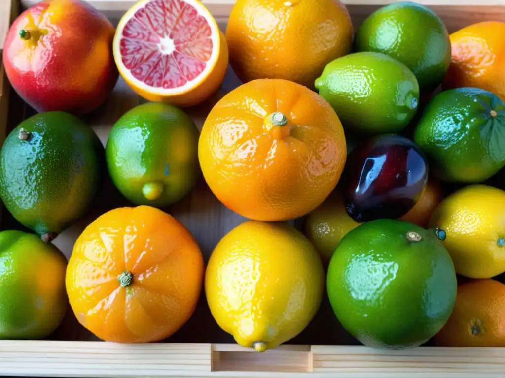Cítricos frescos: una explosión de color y sabor Una exuberante variedad de cítricos maduros en una caja rústica de madera, bañados por la luz del sol