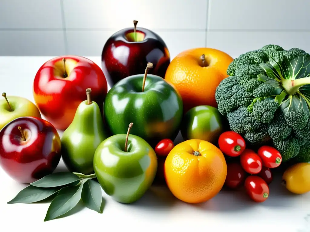 Exquisita variedad de frutas y verduras frescas en la cocina Una exuberante variedad de frutas y vegetales coloridos en una encimera de cocina moderna