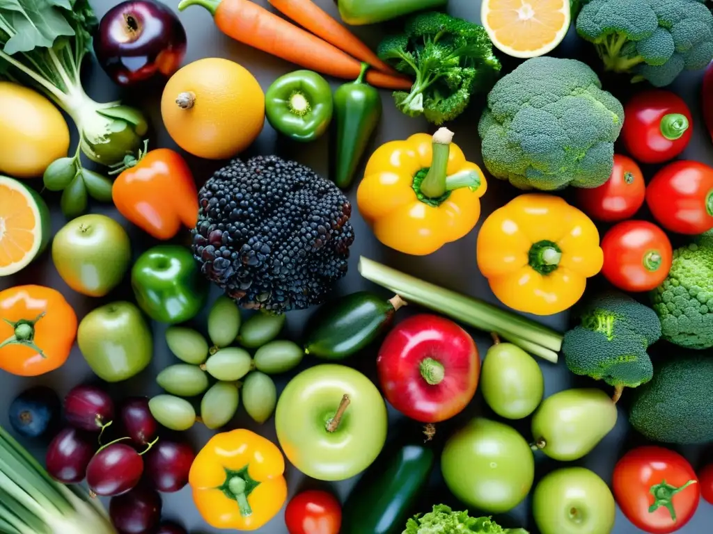 Vibrante variedad de frutas y verduras frescas Una exuberante variedad de frutas y verduras frescas, vibrantes y coloridas, dispuestas de forma llamativa
