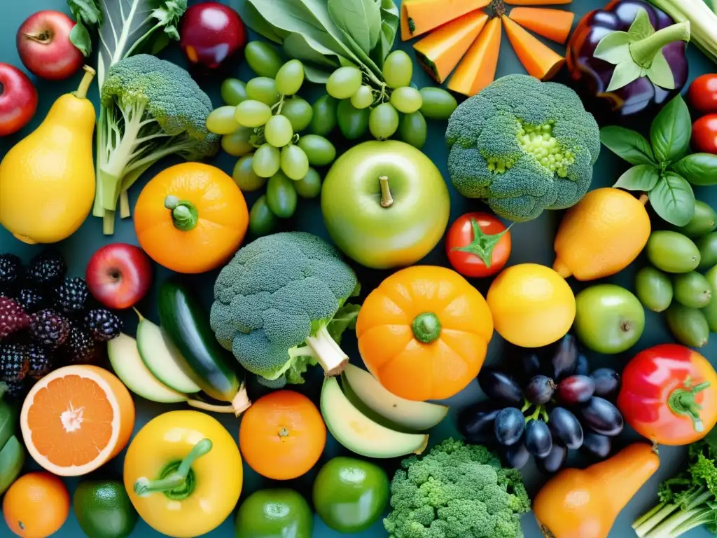 Patrón vibrante de frutas y verduras: impulso inmune natural Una exuberante variedad de frutas y verduras, dispuestas en un patrón simétrico, resalta la importancia de las vacunas para el sistema inmunológico
