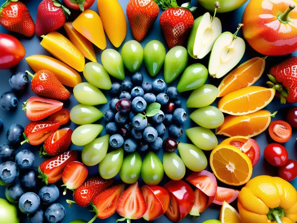 Arcoíris de Frutas y Verduras Frescas en Círculo Una exuberante variedad de frutas y verduras brillantes, dispuestas en círculo, goteando agua