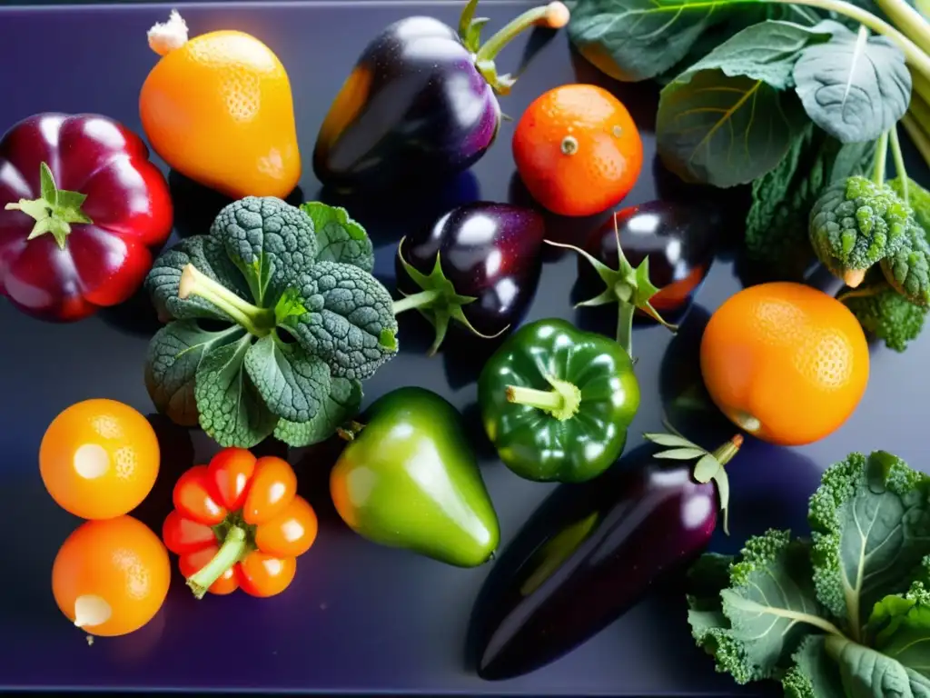 Arte culinario: Naturaleza viva en la cocina Una exuberante variedad de frutas y verduras frescas en una cocina moderna, evocando la importancia de la nutrición para enfermedades autoinmunes