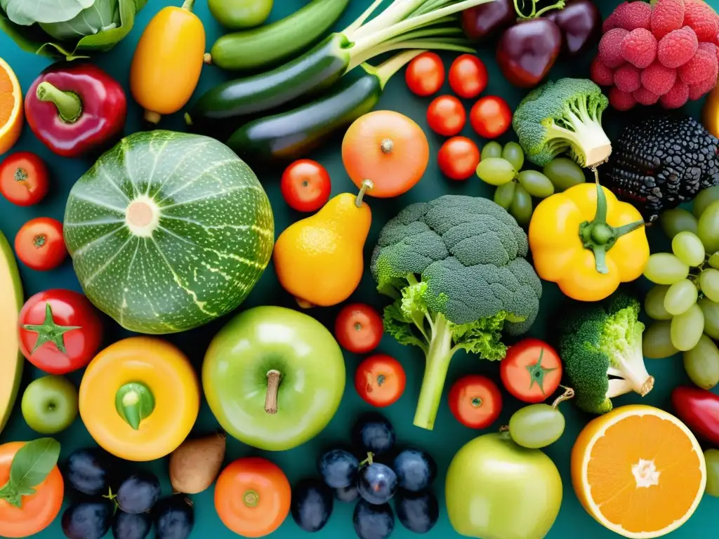 Variedad de frutas y verduras frescas en 8k Una exuberante variedad de frutas y verduras frescas, coloridas y apetitosas, promoviendo la nutrición y combatiendo la obesidad