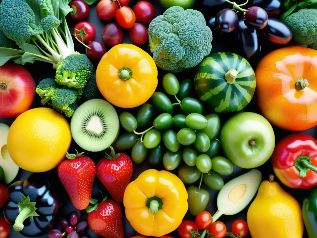 Frescura vibrante: Detalles de frutas y verduras en closeup Exuberante variedad de frutas y verduras frescas, resaltando la importancia del sistema inmunológico en niños