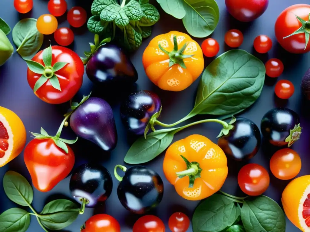 Exuberante variedad de frutas y verduras frescas para una dieta saludable Una exuberante variedad de frutas y verduras frescas y vibrantes, con gotas de agua resaltando su belleza natural
