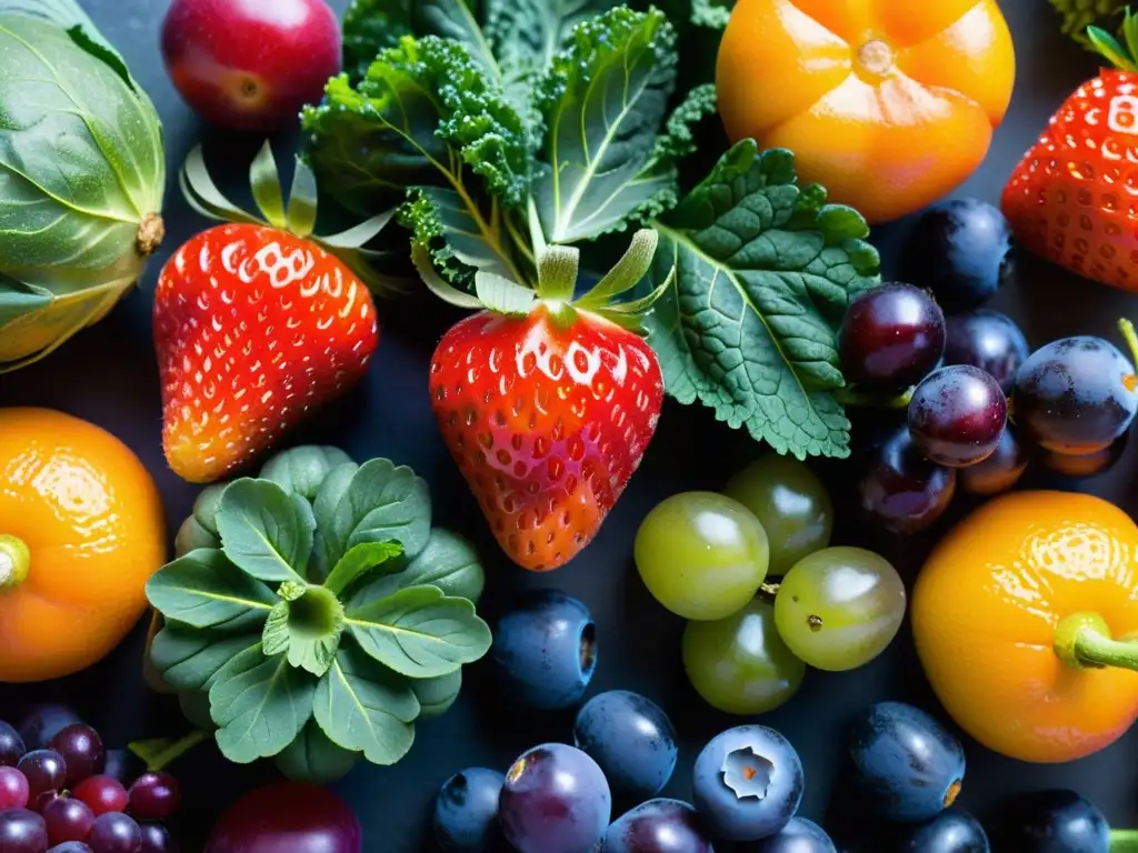 Exuberancia natural: Frutas y verduras vibrantes Una exuberante variedad de frutas y verduras frescas con vibrantes colores y texturas, capturando la vitalidad y frescura