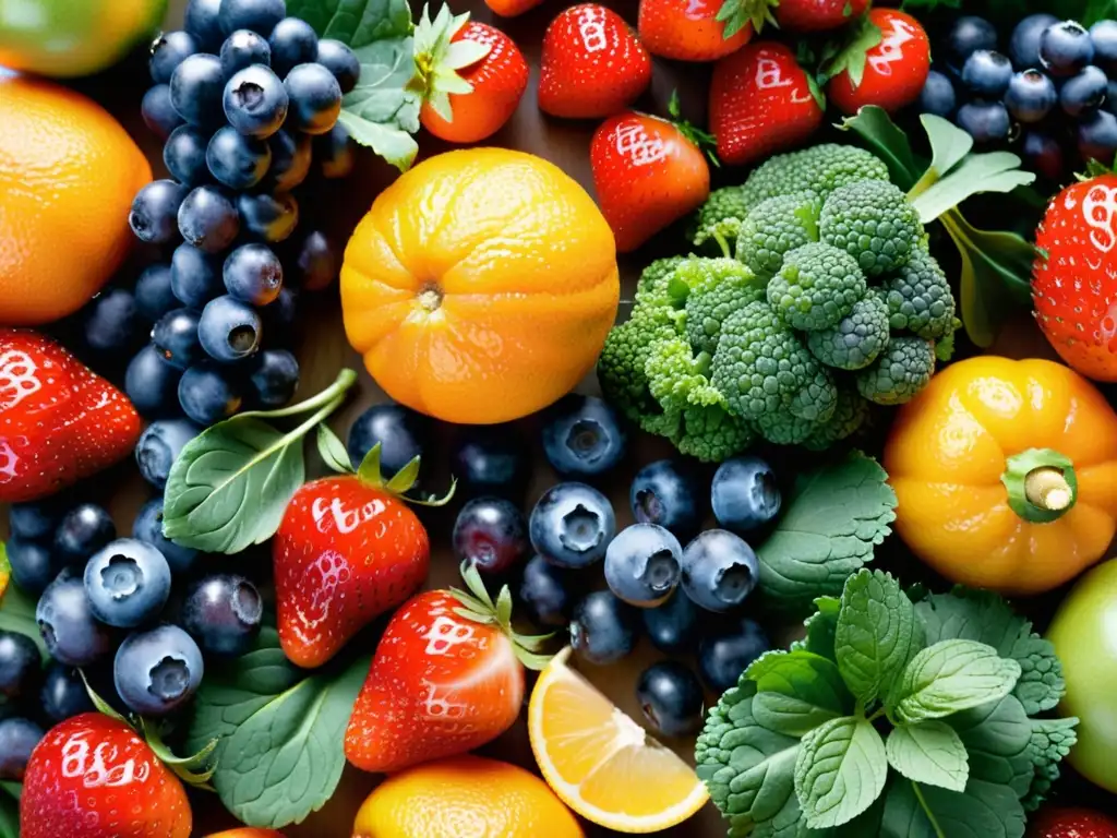 Delicias Naturales: Frescura y Color Una exuberante variedad de frutas y verduras frescas en un espectáculo de colores y texturas naturales