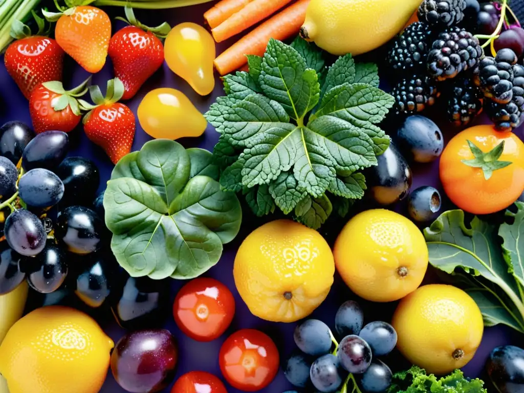 Deliciosos alimentos frescos para la salud Una exuberante variedad de frutas y verduras frescas con gotas de agua, ideal para una dieta para enfermedades autoinmunes