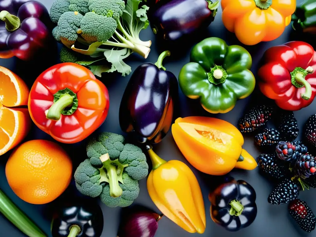 Exquisita variedad de frutas y verduras frescas Una exuberante variedad de frutas y verduras frescas, capturando su vitalidad y colores vibrantes