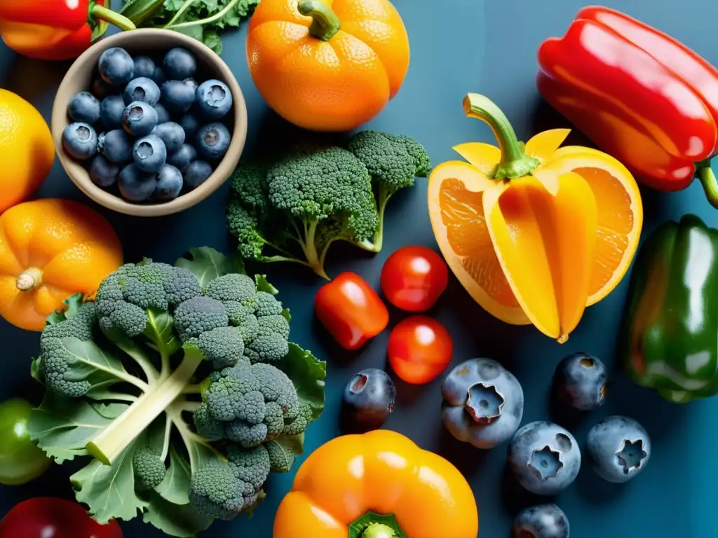 Exuberante variedad de frutas y verduras frescas Una exuberante variedad de frutas y verduras coloridas, destacando su frescura y vitalidad, clave para la protección inmunológica infantil