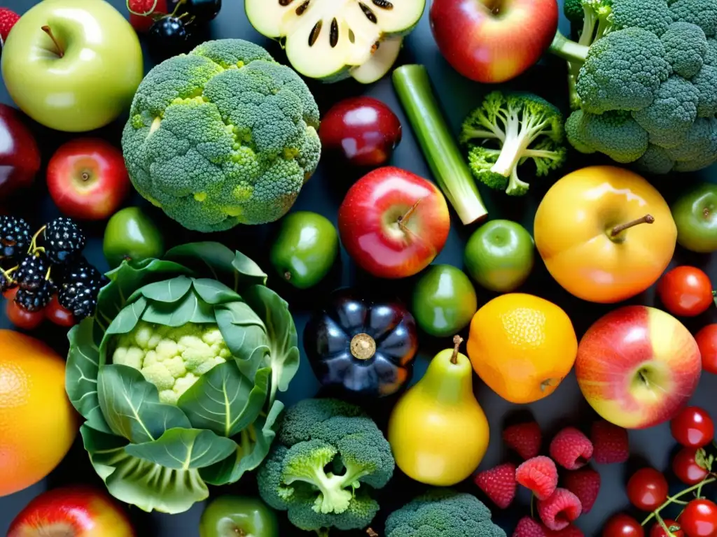 Arte natural: Frutas y verduras frescas en alta resolución Una exuberante variedad de frutas y verduras frescas, resplandeciendo en colores vibrantes