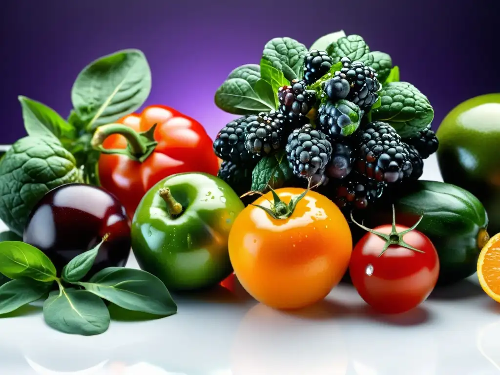 Frescura y vitalidad: Frutas y verduras vibrantes en la cocina Una exuberante variedad de frutas y verduras frescas, brillantes y coloridas, dispuestas con arte en una encimera de cocina moderna