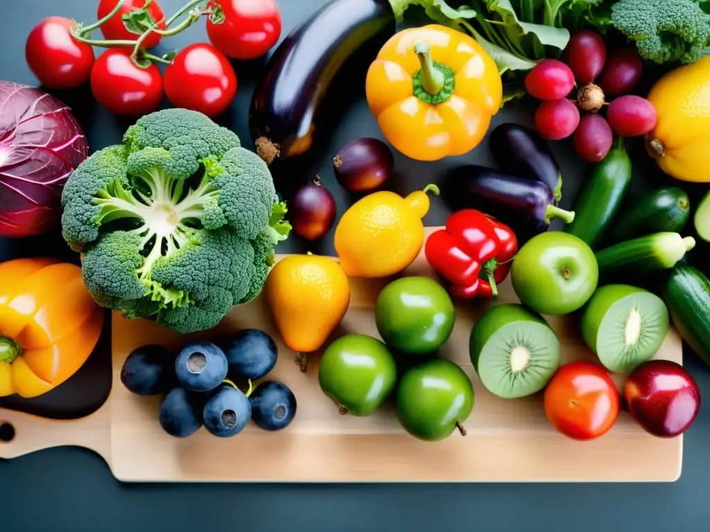 Variedad de Frutas y Verduras: Detalles Vibrantes Una exuberante variedad de frutas y verduras coloridas en una tabla de cortar de madera