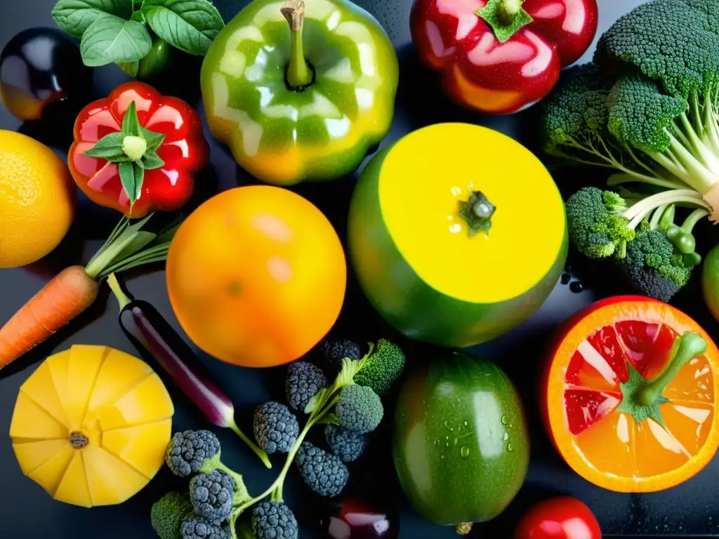 Exuberante diversidad de frutas y verduras: una explosión de color y vida Una exuberante variedad de frutas y verduras brillantes, goteando agua, resaltando su belleza natural