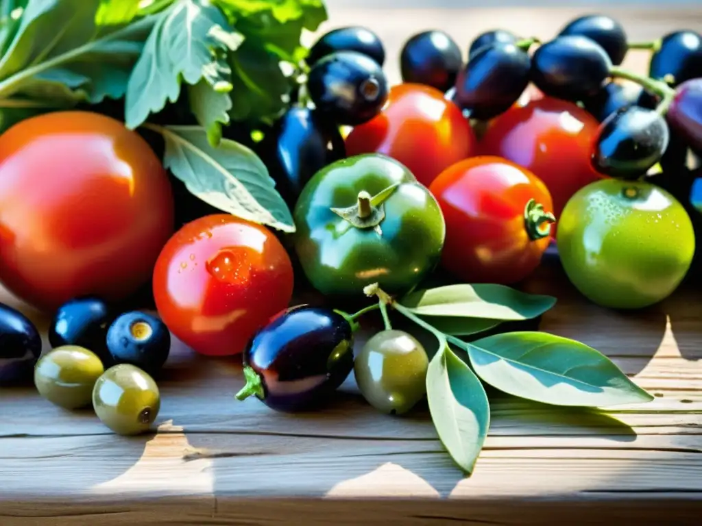 Exuberante variedad de frutas y verduras mediterráneas Exuberante variedad de frutas y verduras mediterráneas frescas en mesa rústica