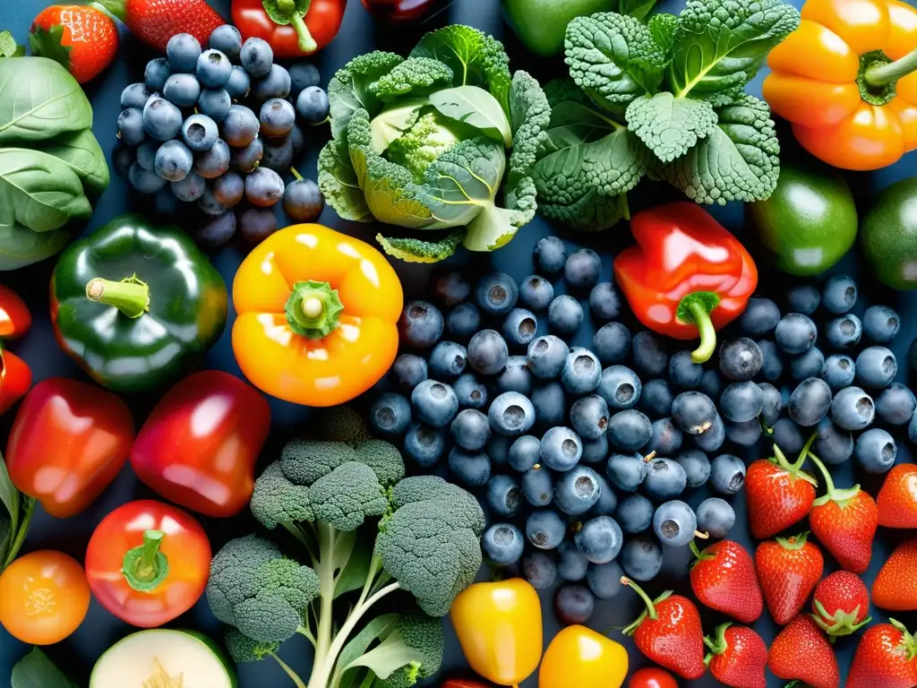 Exuberante variedad de frutas y verduras: una explosión de salud y color Una exuberante variedad de frutas y verduras frescas, con colores vibrantes y ricos
