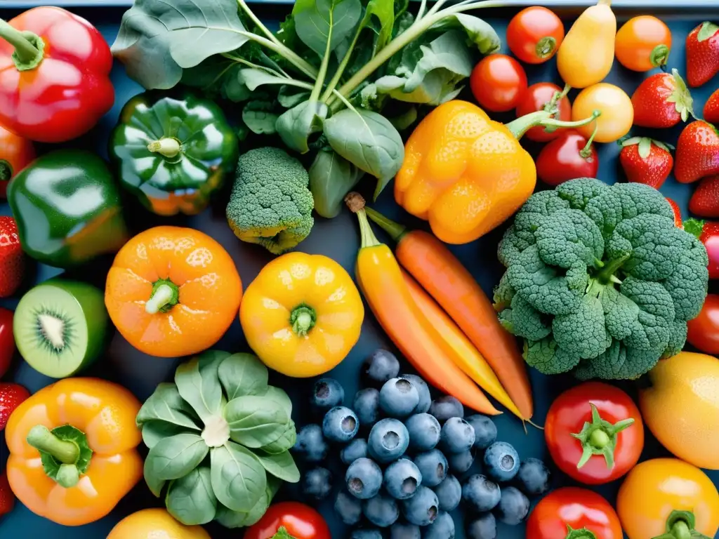 Arcoíris de Frutas y Verduras Frescas - Nutrición Natural y Vitalidad Una exuberante variedad de frutas y verduras frescas con colores vibrantes, bañados por la luz del sol, creando vitalidad y bienestar