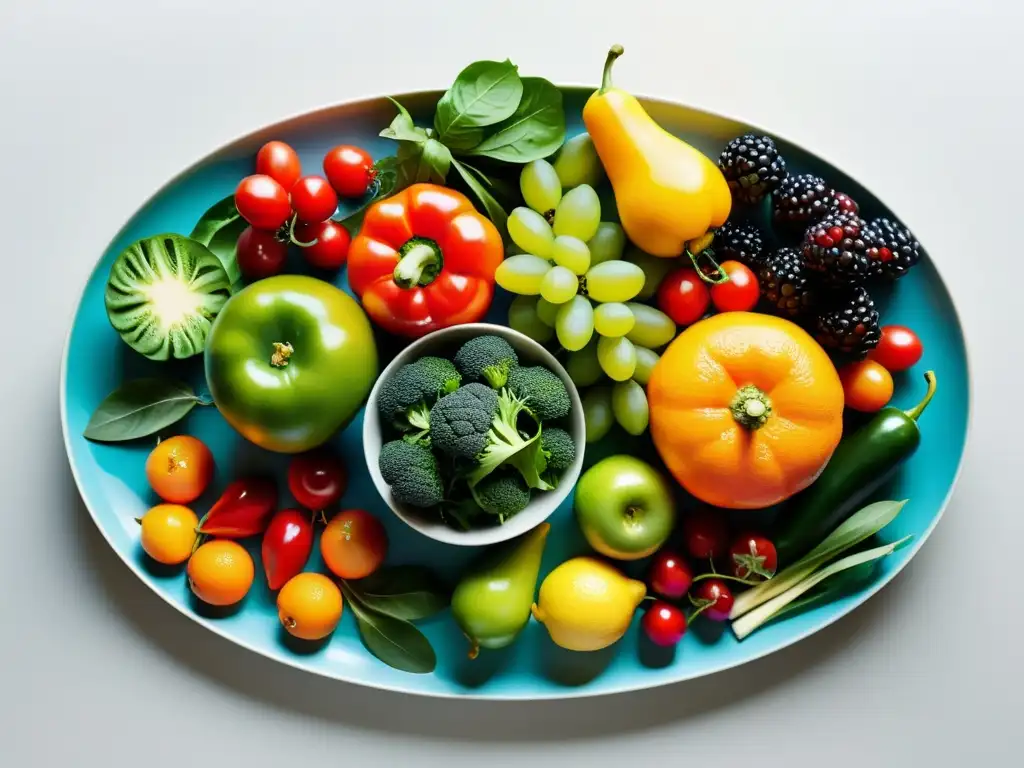Variedad de frutas y verduras frescas: nutrición y vitalidad Una exuberante variedad de frutas y verduras frescas dispuestas de manera estética, iluminadas por luz natural