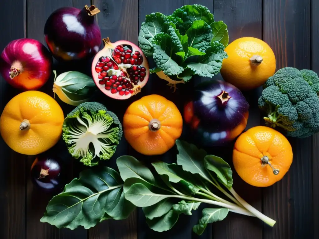 Una exuberante variedad de frutas y verduras invernales en un arreglo simétrico sobre madera oscura