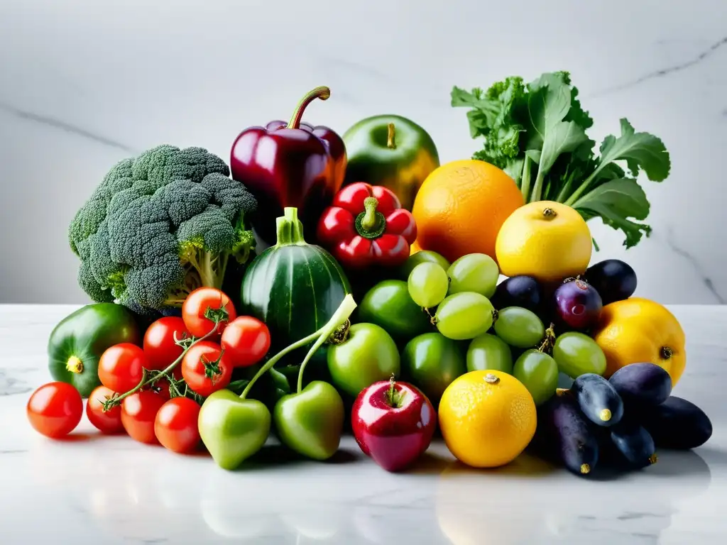 Exuberante variedad de frutas y verduras frescas en mármol blanco Una exuberante variedad de frutas y verduras frescas sobre encimera de mármol blanco
