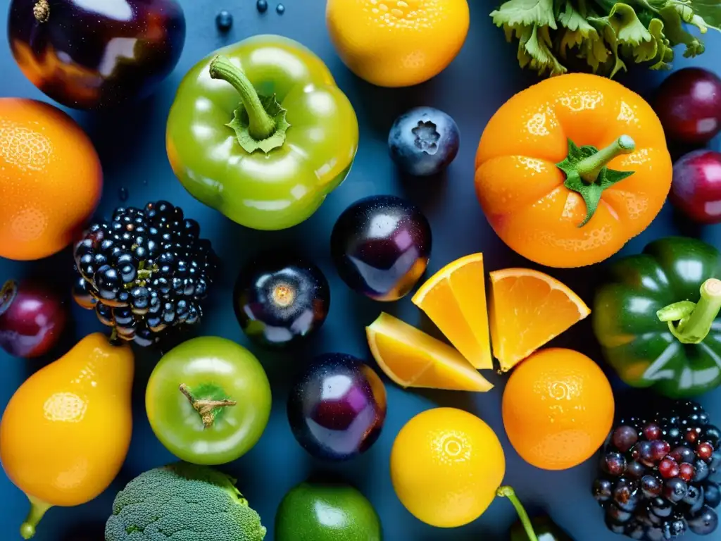 Exuberante exhibición de frutas y verduras frescas Una exuberante variedad de frutas y verduras frescas, con colores vibrantes y texturas tentadoras