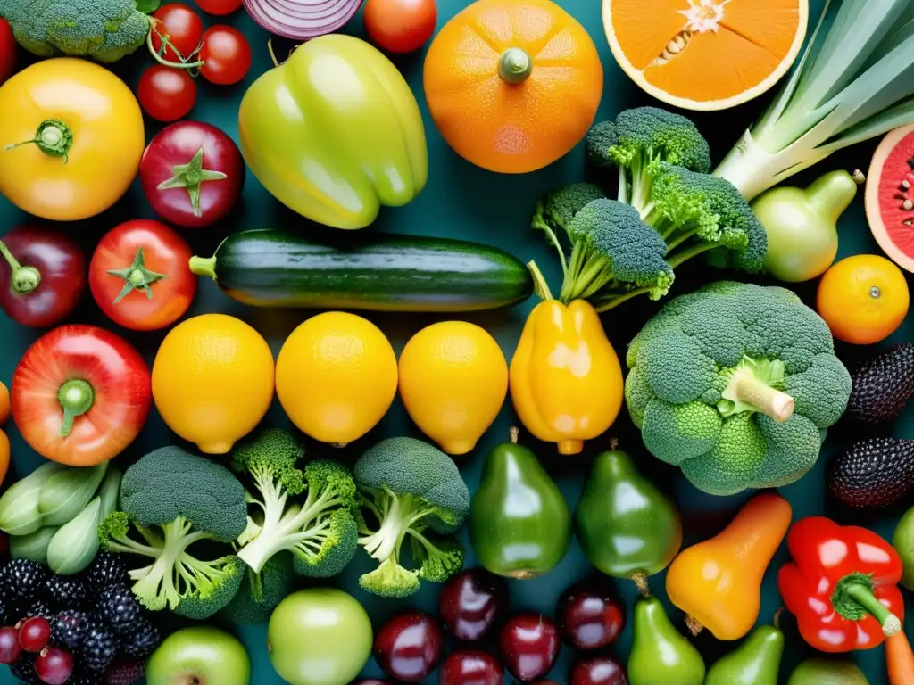 Exuberante variedad de frutas y verduras frescas en alta resolución Una exuberante variedad de frutas y verduras frescas dispuestas en un patrón visualmente atractivo, resaltando la belleza natural de los alimentos