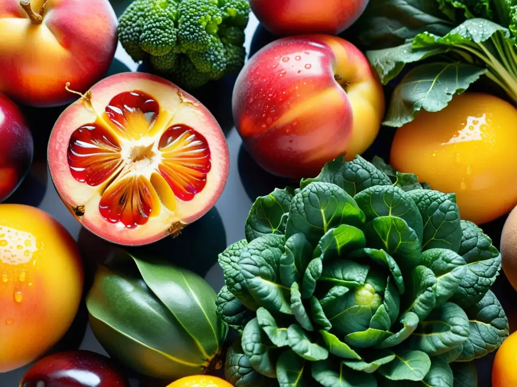 Exuberancia natural: Detalles vibrantes de frutas y verduras frescas Una exuberante variedad de frutas y verduras frescas, brillantes con gotas de agua, capturando la belleza natural y la riqueza nutricional