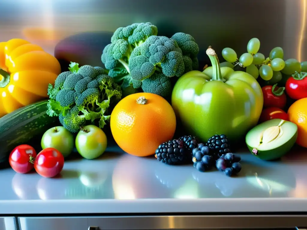 Exuberante frescura: Frutas y verduras vibrantes en cocina moderna Una exuberante variedad de frutas y verduras frescas, vibrantes y coloridas, en una cocina moderna