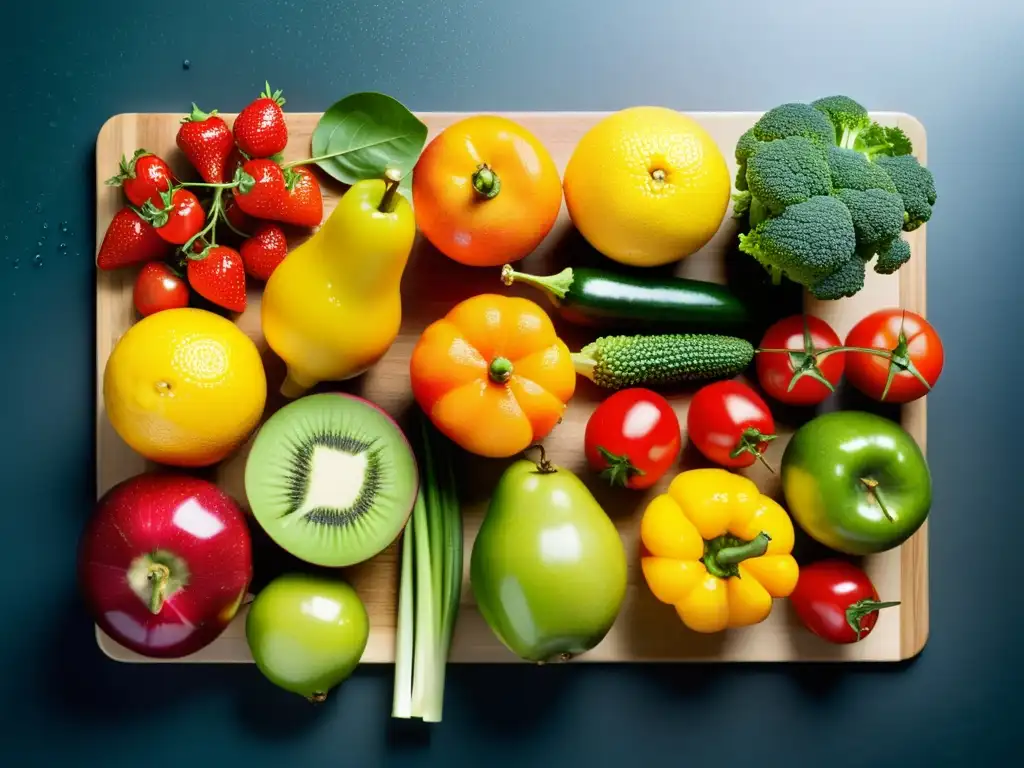 Una exuberante variedad de frutas y verduras frescas en un elegante tablero, con gotas de agua