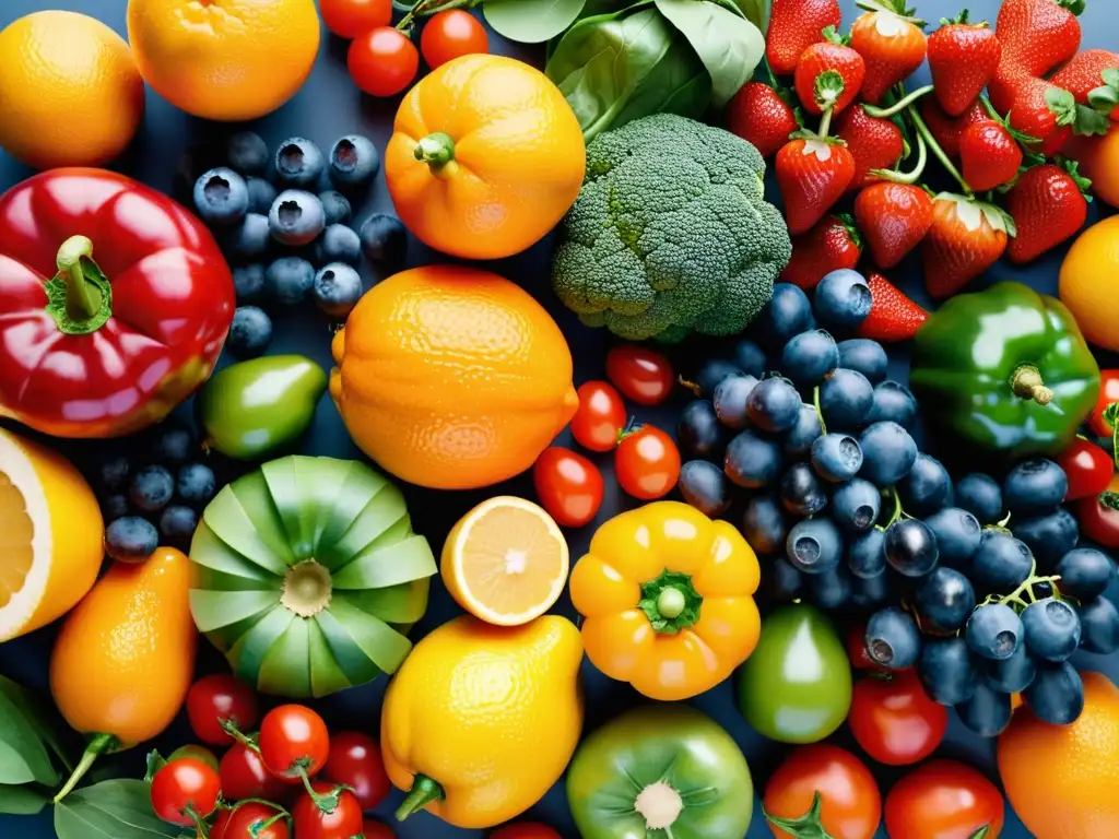 Exuberante selección de frutas y verduras para una salud vibrante Una exuberante variedad de frutas y verduras coloridas, resplandeciendo vitalidad y frescura