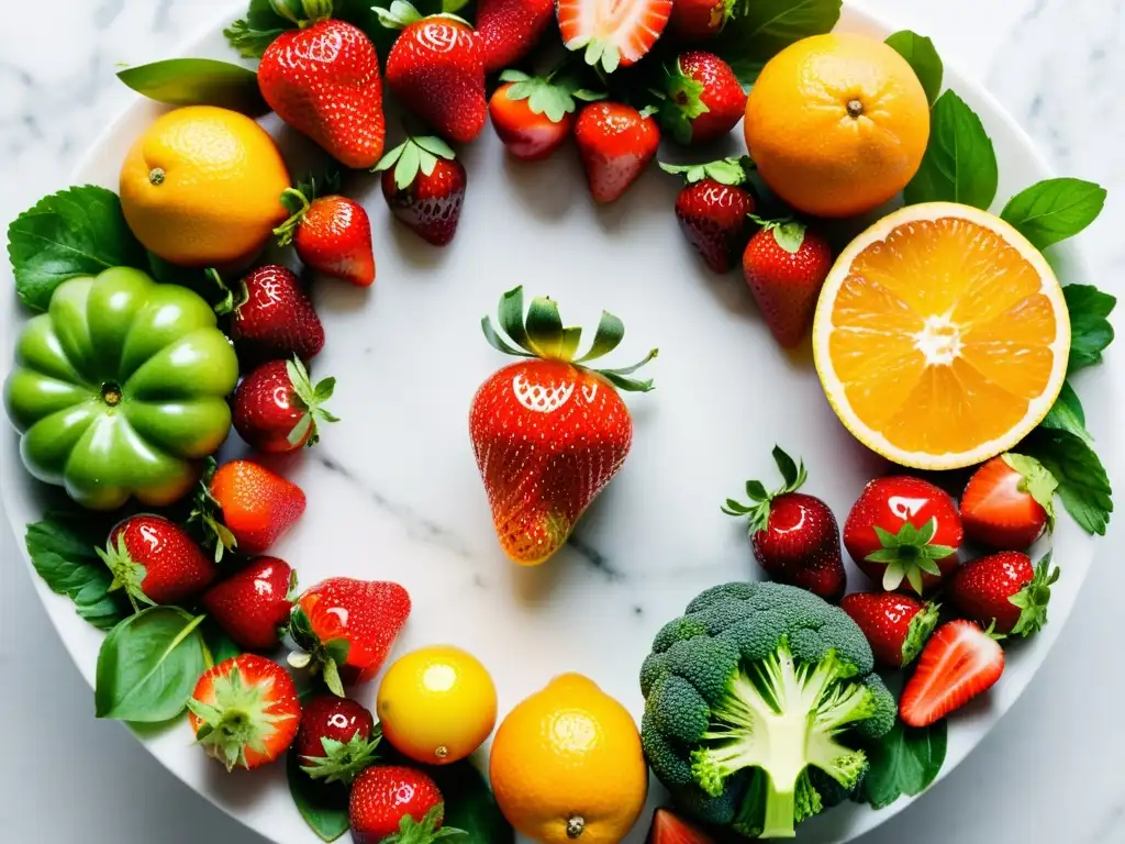 Exuberante variedad de frutas y verduras en mármol blanco Una exuberante variedad de frutas y verduras frescas dispuestas en un patrón circular sobre una encimera de mármol blanco