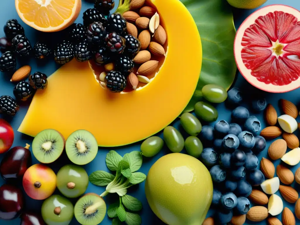 Exuberante variedad de frutas, verduras y frutos secos Una exuberante variedad de frutas, verduras y frutos secos frescos, capturados con detalle