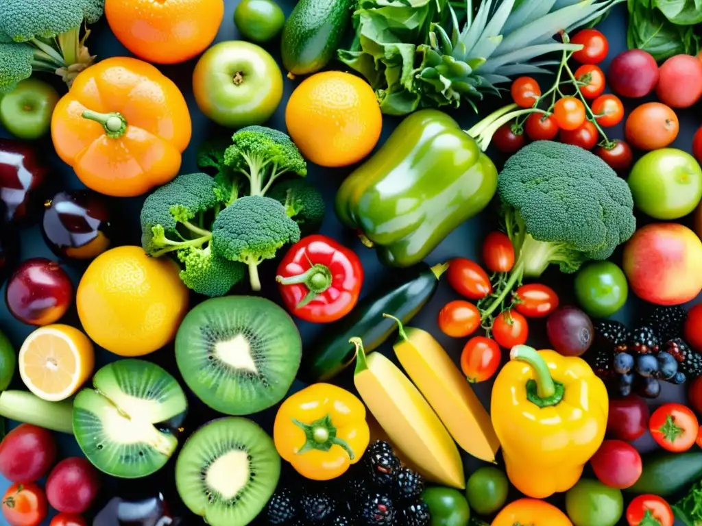Exuberante variedad de frutas y verduras frescas Una exuberante variedad de frutas y verduras frescas y coloridas, dispuestas en un patrón simétrico y atractivo