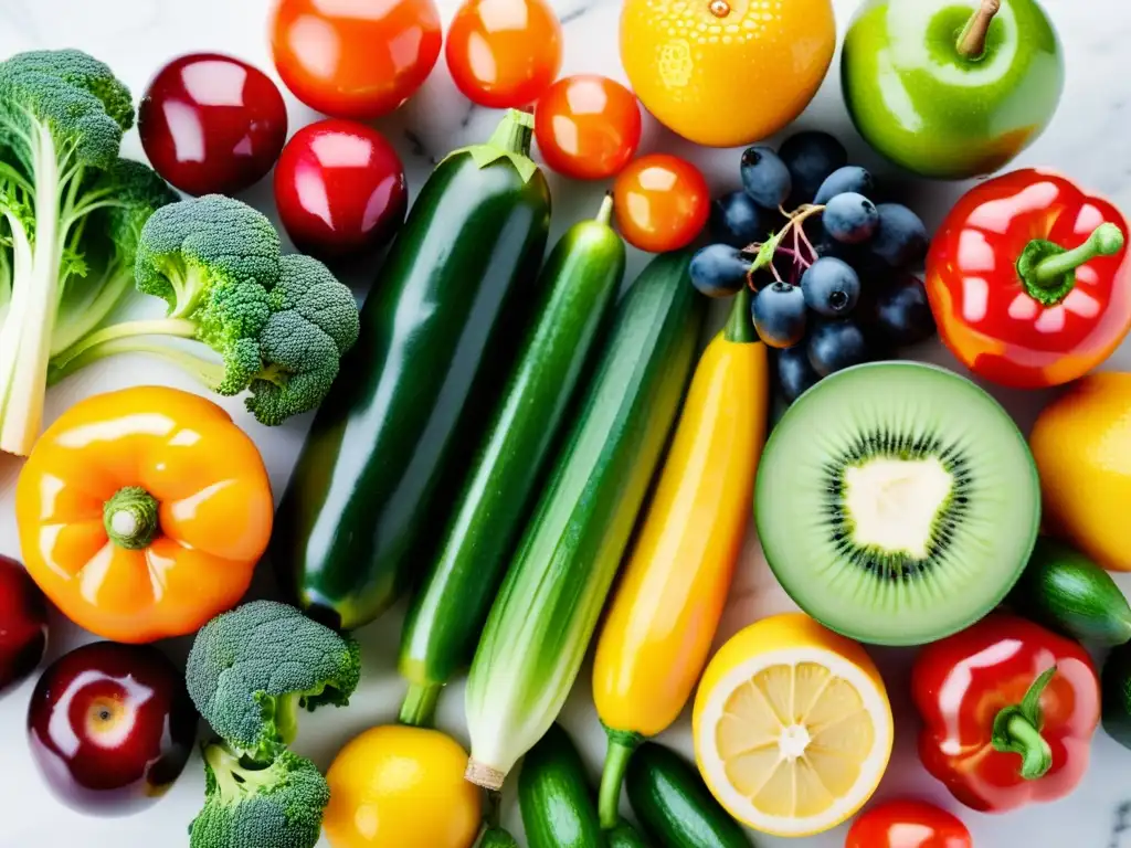 Arcoíris de frutas y verduras frescas en mármol blanco Una exuberante variedad de frutas y verduras frescas y coloridas se despliega en un patrón simétrico sobre una elegante encimera de mármol blanco