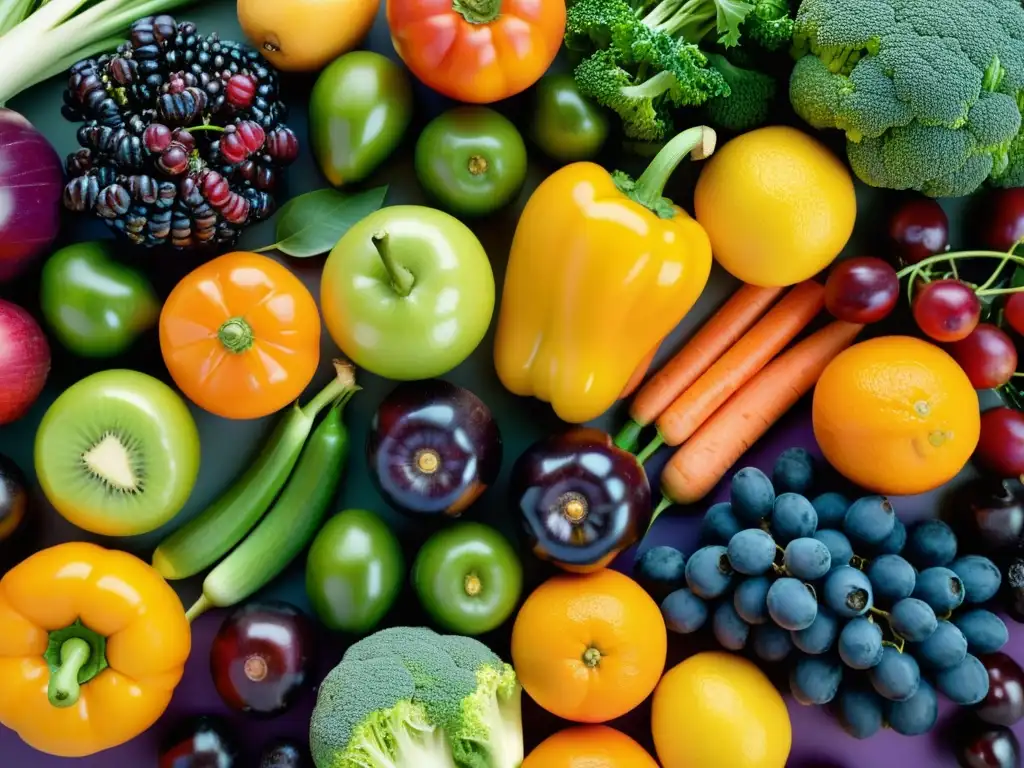 Exquisita exhibición de frutas y verduras frescas Exuberante variedad de frutas y verduras, frescas y vibrantes, evocando fortalecimiento del sistema inmunológico