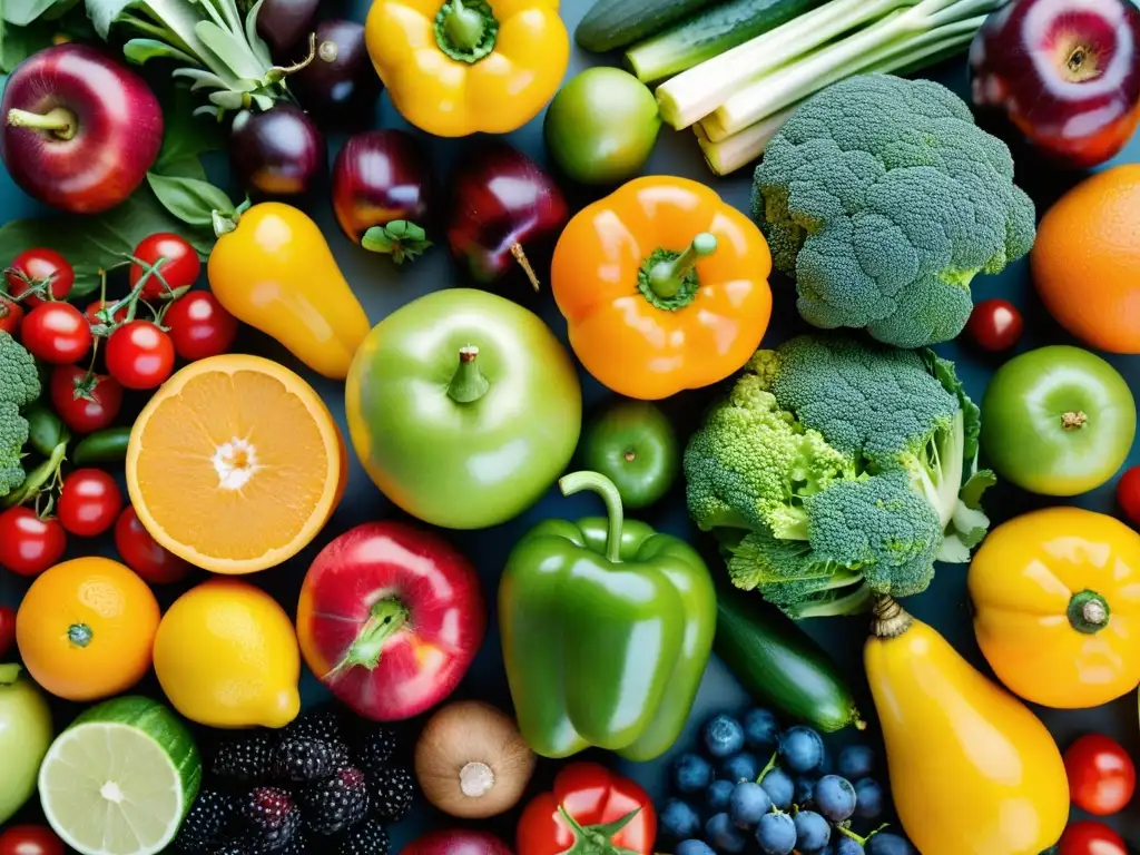 Exquisita variedad de frutas y verduras frescas Una exuberante variedad de frutas y verduras frescas, coloridas y vibrantes, que evocan salud y nutrición para fortalecer el sistema inmunológico