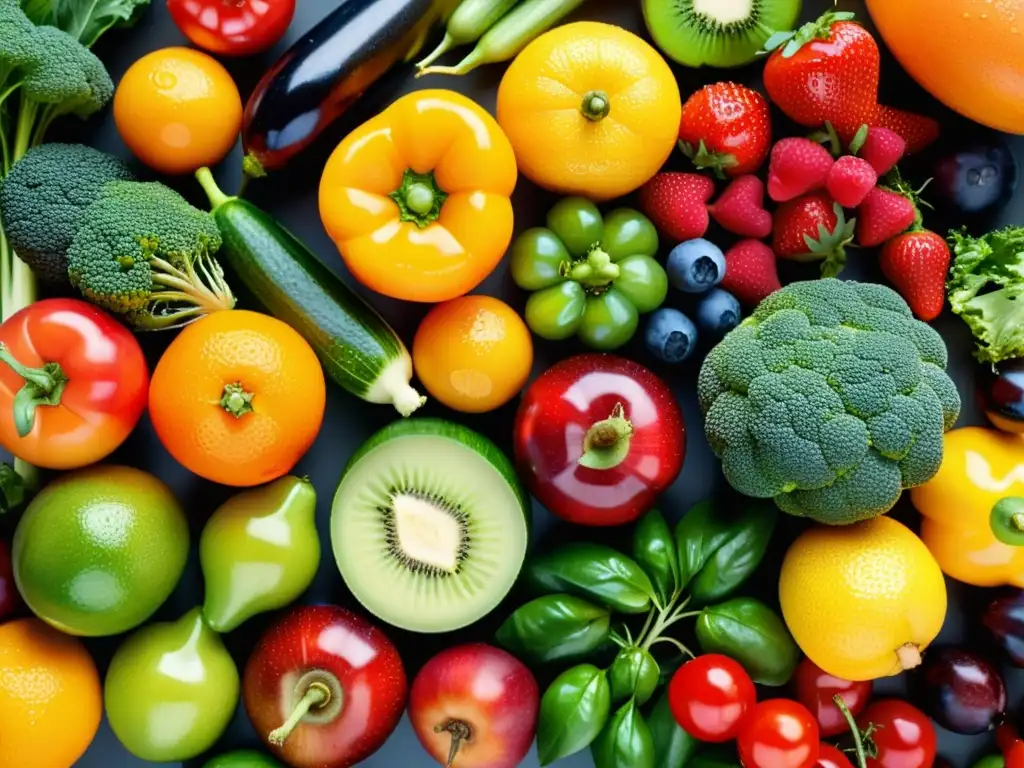 Una exuberante variedad de frutas y verduras frescas, dispuestas en un patrón simétrico, con colores vibrantes y detalles detallados