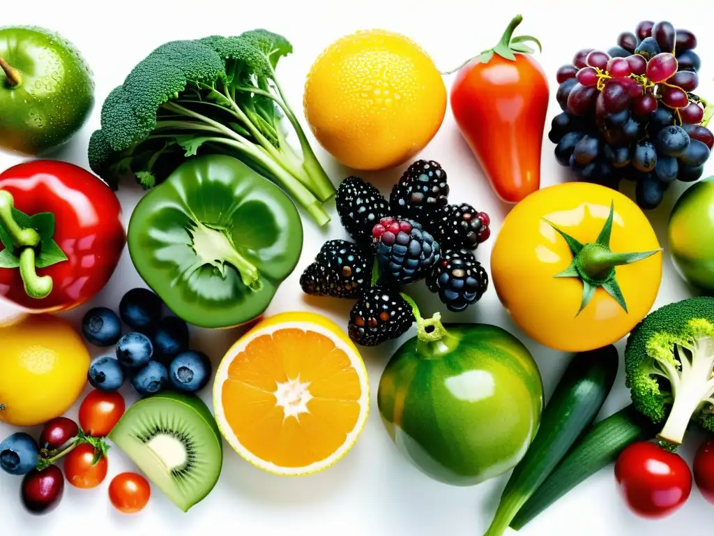 Arte natural: Detalles vibrantes de frutas y verduras frescas Una exuberante variedad de frutas y verduras frescas, brillantes y coloridas, dispuestas de forma artística
