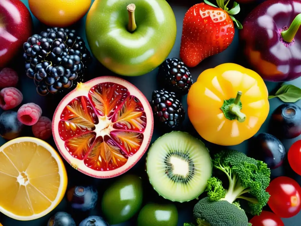 Exuberancia de Frutas y Verduras: Detalles Coloridos Una exuberante variedad de frutas y verduras en un patrón visualmente impactante
