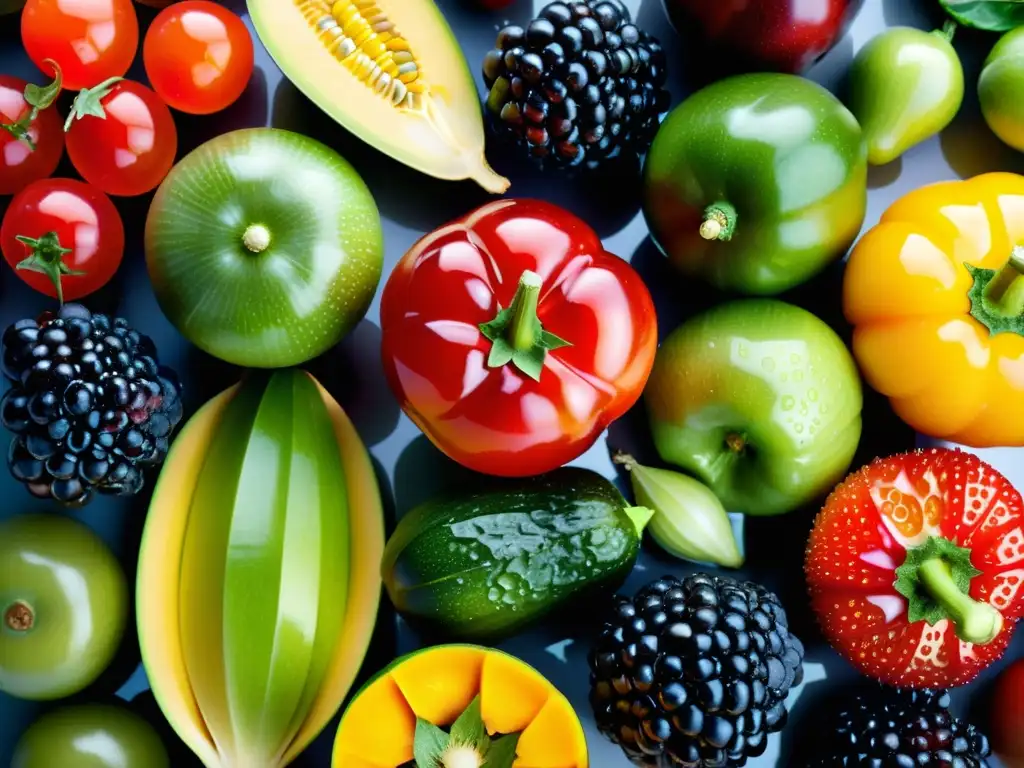 Una exuberante variedad de frutas y verduras frescas y vibrantes, capturando la importancia de una dieta equilibrada para reforzar la inmunidad