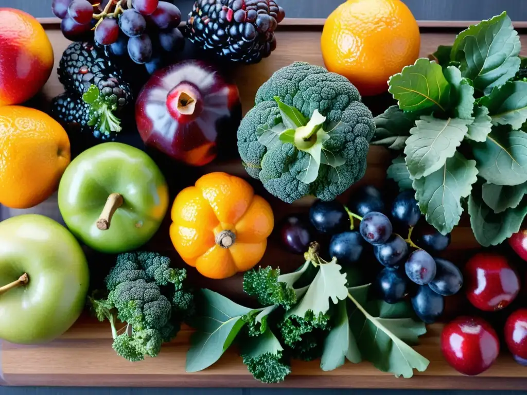 Increíble variedad de frutas y verduras de invierno en tabla de cortar Una exuberante variedad de frutas y verduras invernales en un tablero de corte de madera oscura