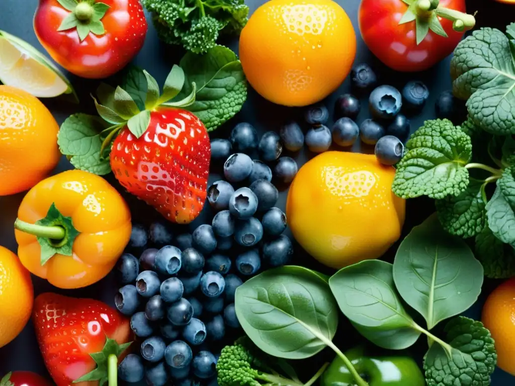 Exuberante frescura: Detalles vibrantes de frutas y verduras Una exuberante variedad de frutas y verduras frescas, con colores vibrantes y detalles nítidos