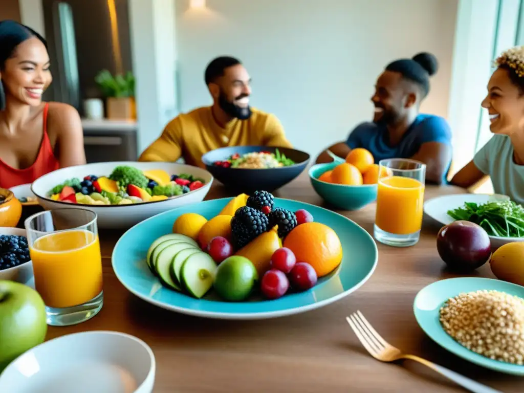 Encantadora comida familiar llena de vitalidad y color Una familia disfruta de una comida saludable y colorida